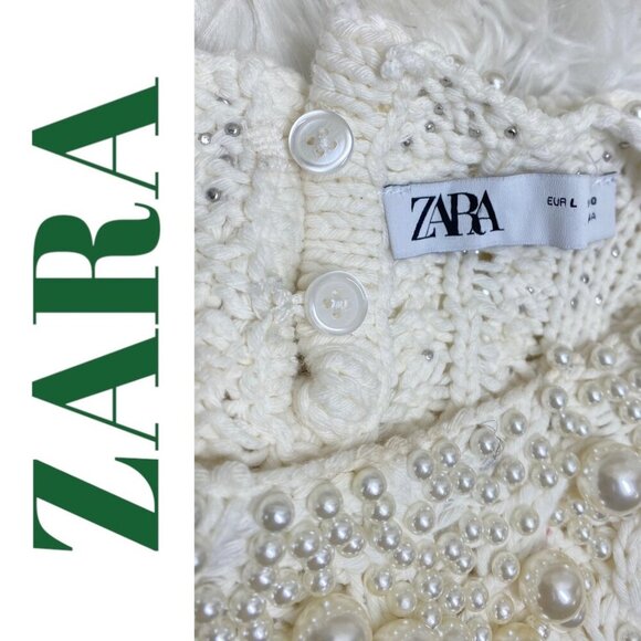 NWT ZARA WHITE ECRU CABLE KNIT FAUX PEARL SLEEVELESS SWEATER, LARGE - Picture 15 of 16